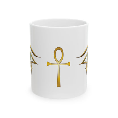 Eye of Horus green Addition —  ceramic mug front angled view.
