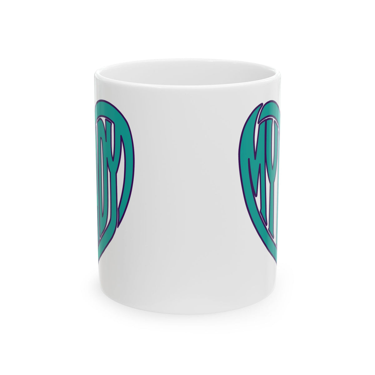 A white ceramic mug featuring a teal and purple stylized graphic design printed on its side, shown against a plain white background.