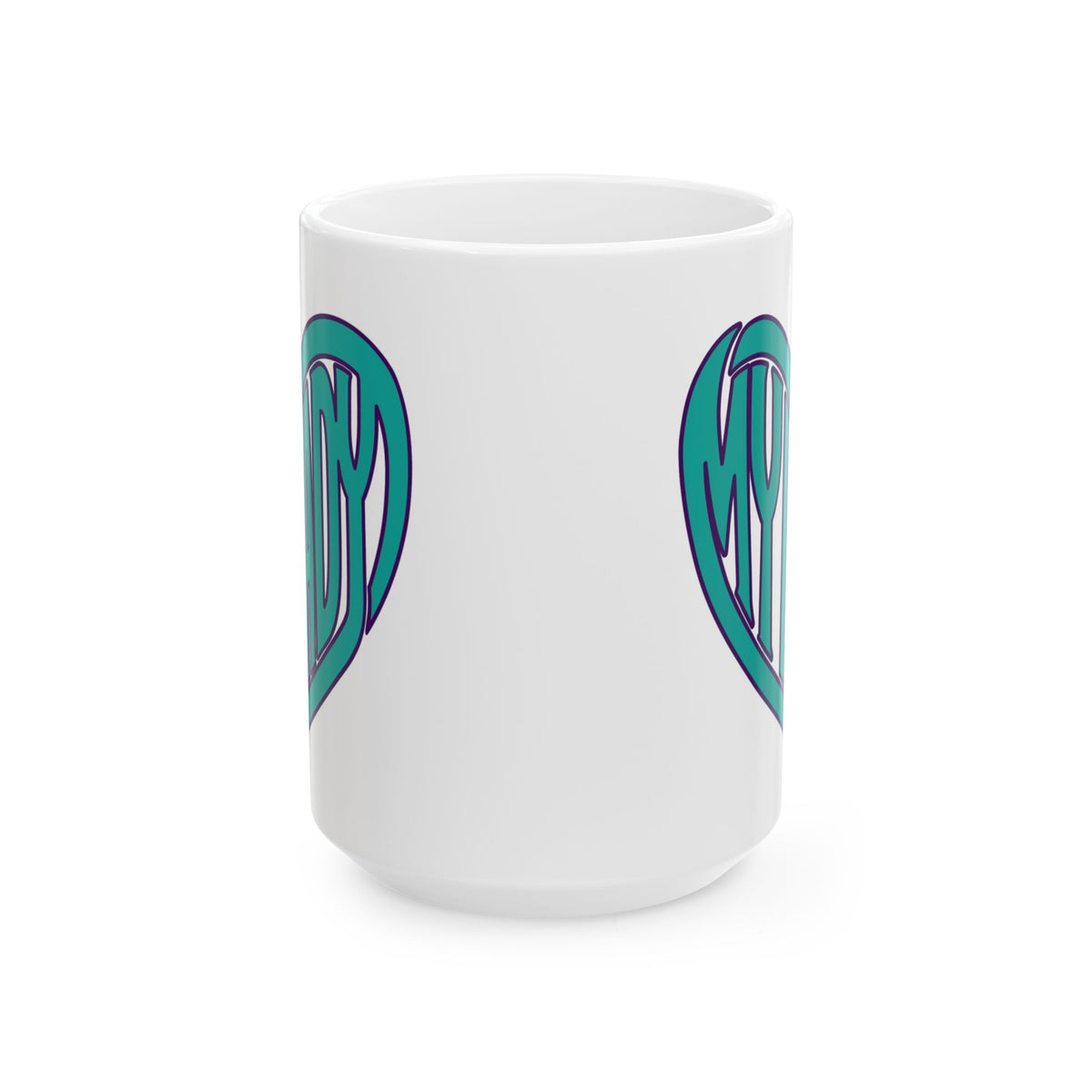 A white ceramic mug featuring a teal and purple stylized heart design printed on both sides, shown against a plain white background.