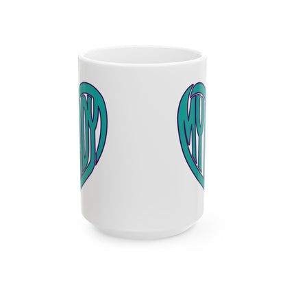 A white ceramic mug featuring a teal and purple stylized heart design printed on both sides, shown against a plain white background.
