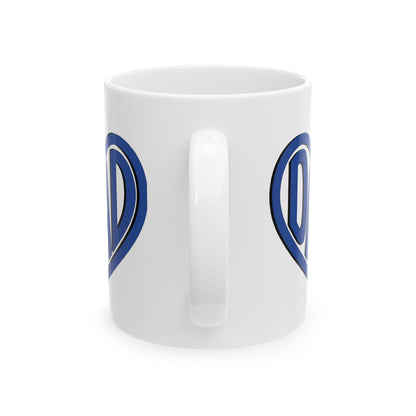 White mug with "Dad" text inside a heart.