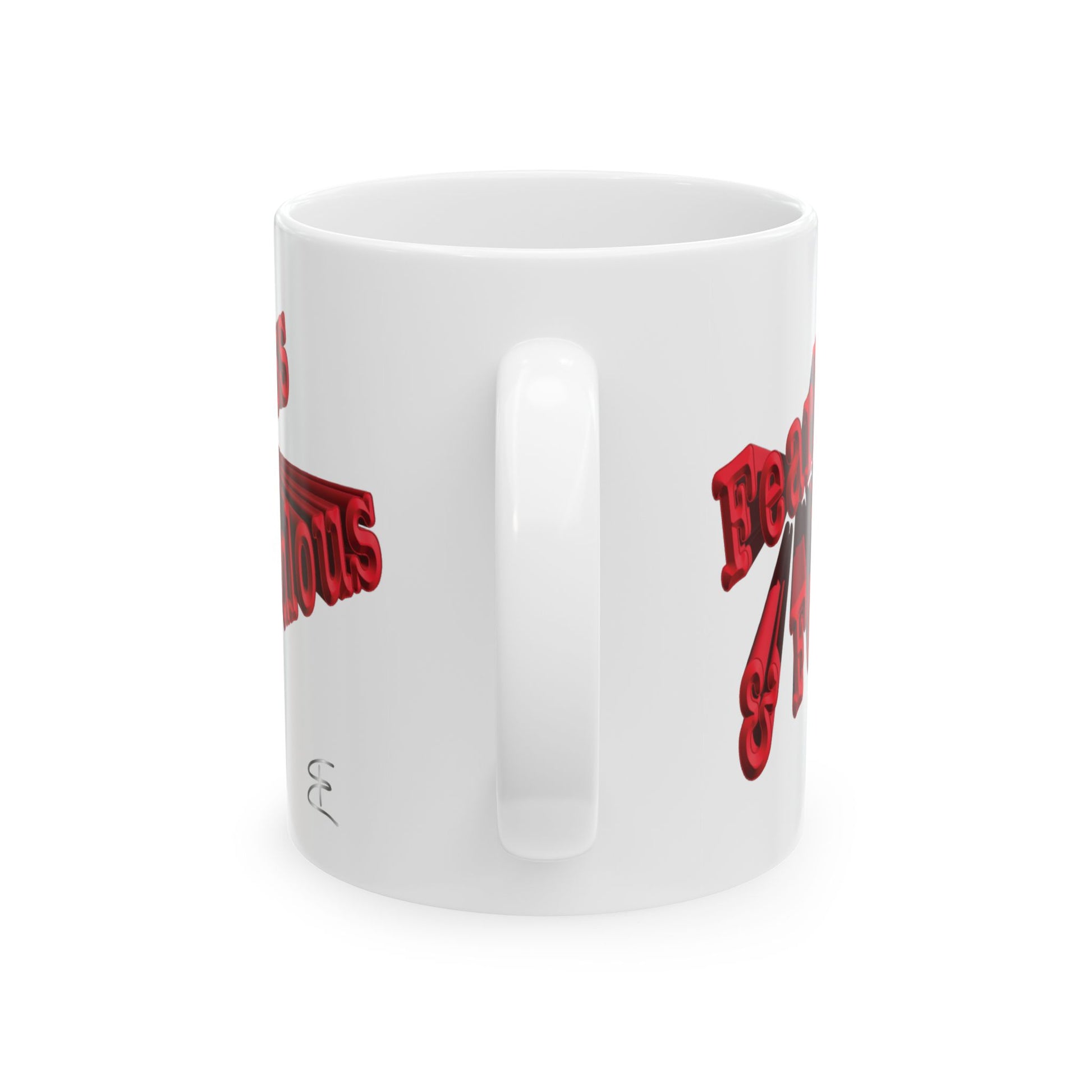 A white ceramic mug with a graphic design partially visible on the sides, handle side shown against a plain white background.