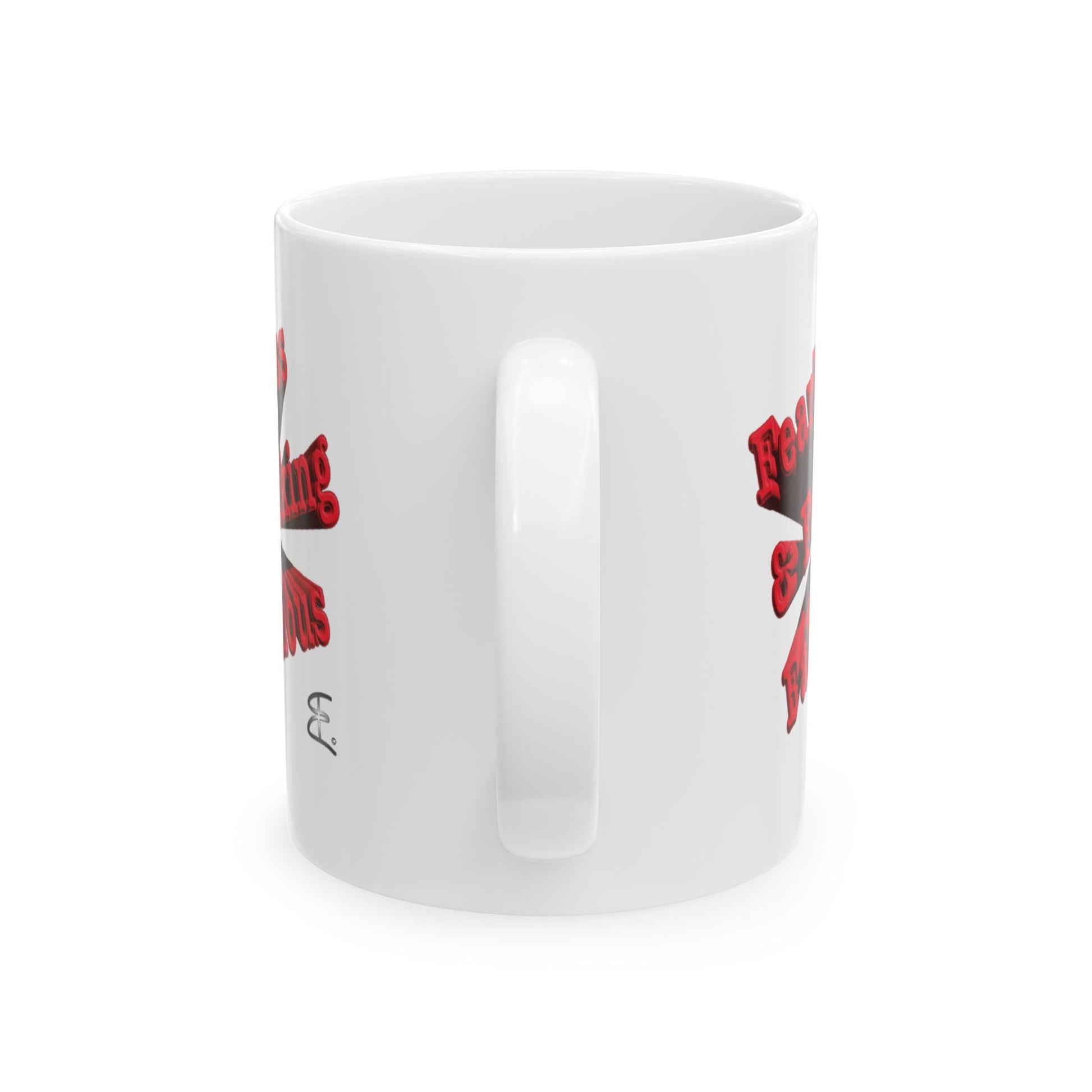A white ceramic mug with a graphic design partially visible on the sides, handle side shown against a plain white background.