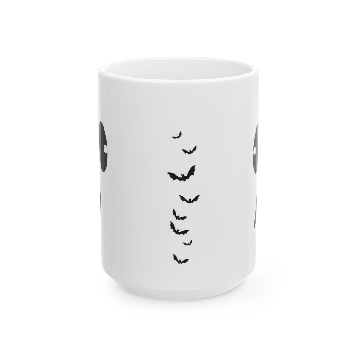 A white ceramic mug featuring a black graphic print of a yin-yang symbol and a vertical line of flying bats, shown on a clean white background.