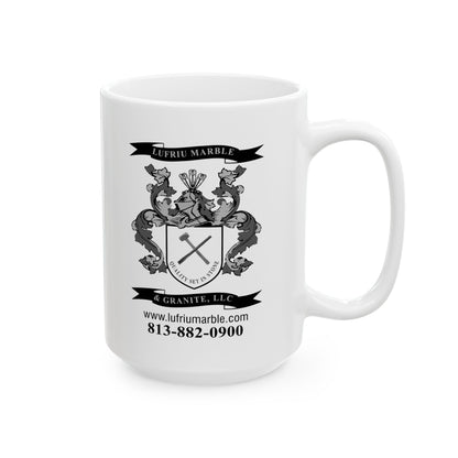Lufriu marble and granite black and white logo coffee mug.