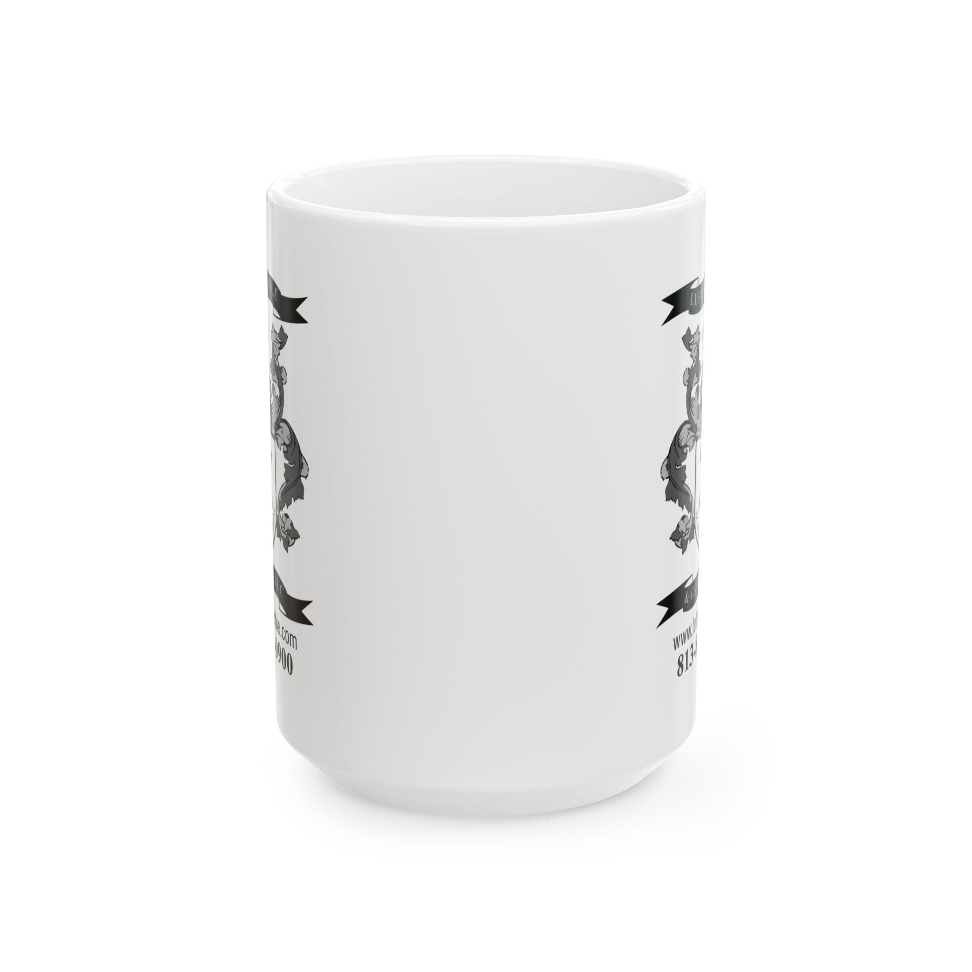 Lufriu marble and granite black and white logo coffee mug.