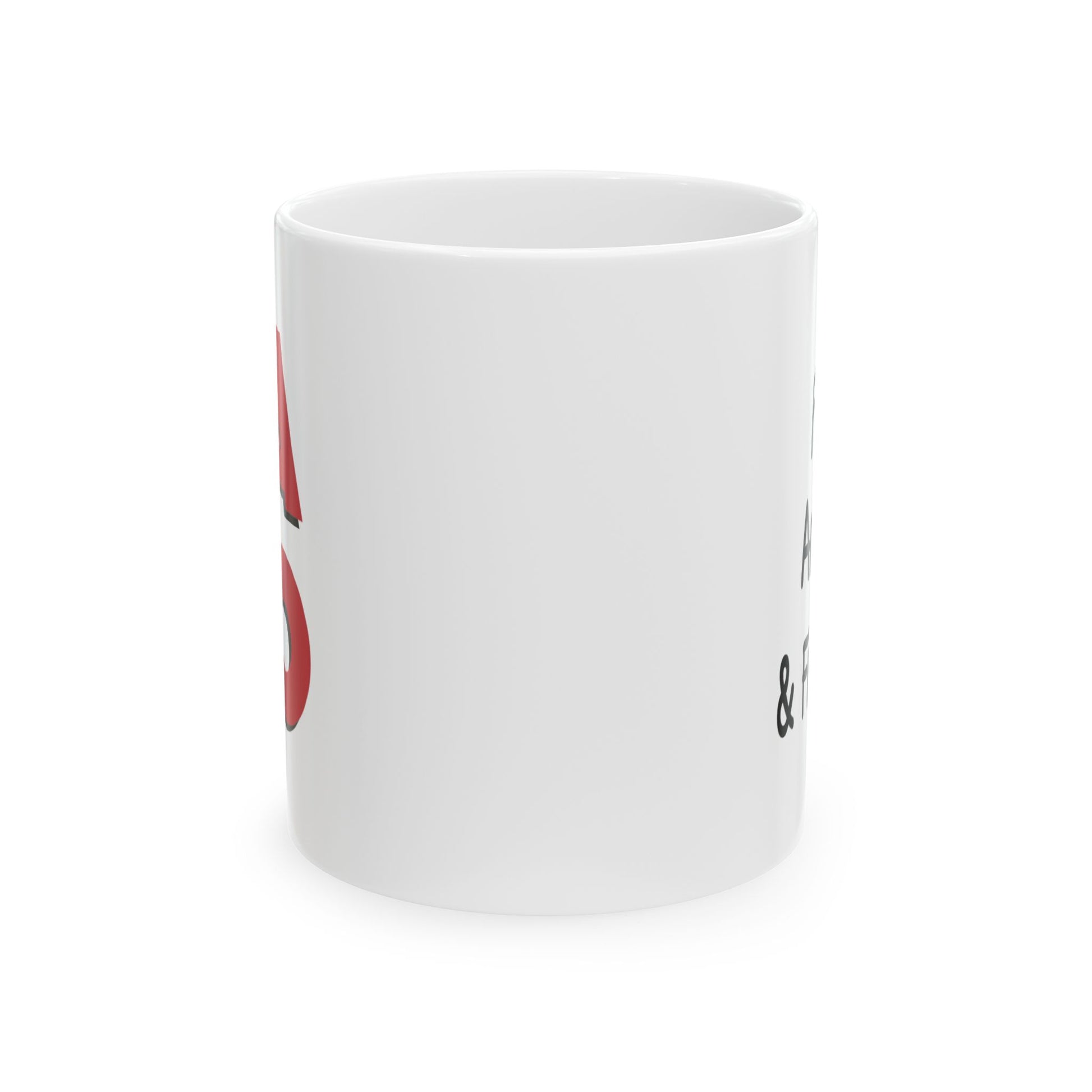 Side view of 10oz white ceramic FAFO mug featuring minimalist bold text design
