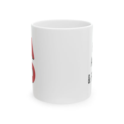Side view of 10oz white ceramic FAFO mug featuring minimalist bold text design
