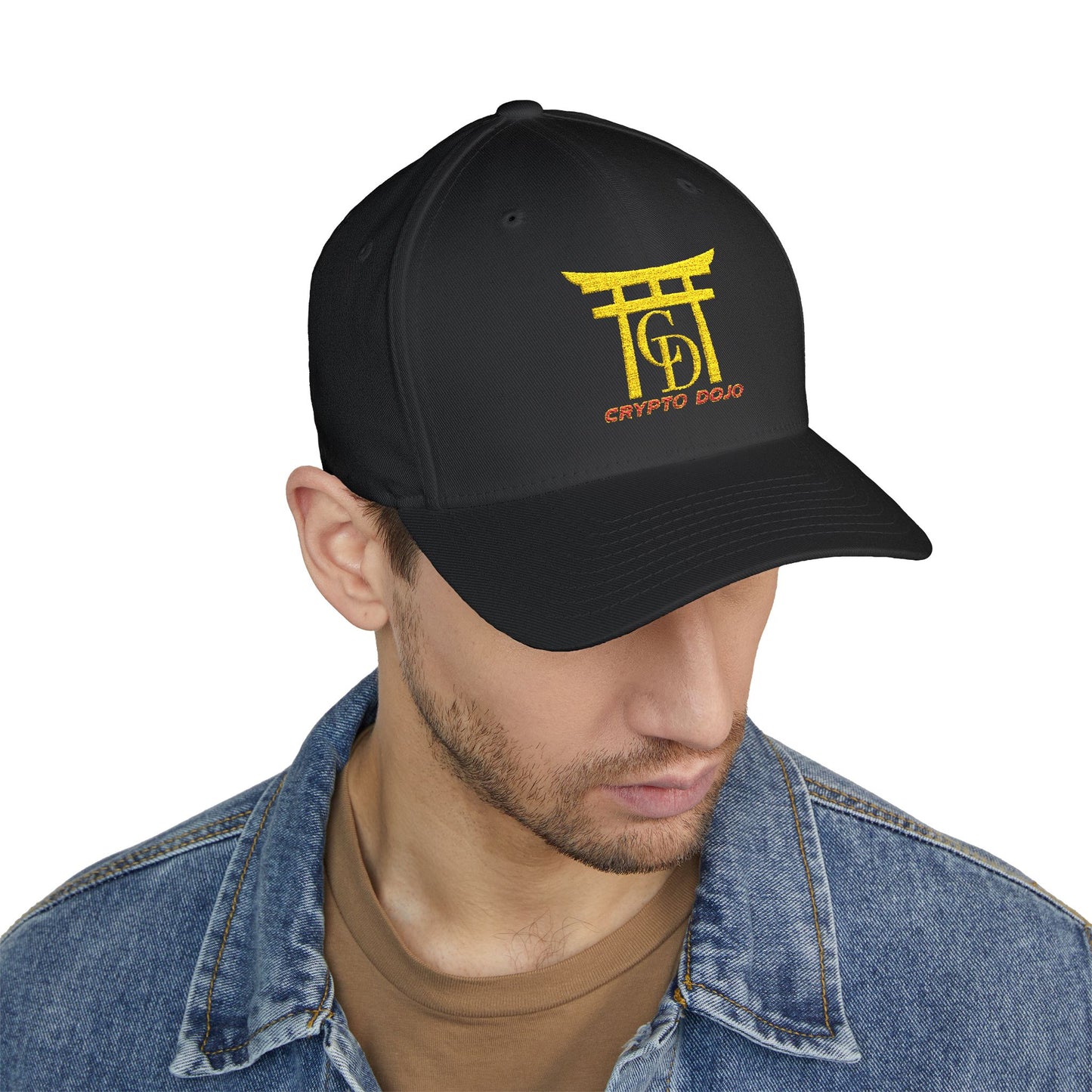 Black baseball cap with embroidered Crypto Dojo logo.