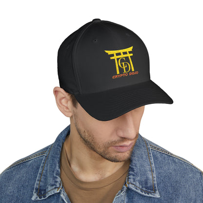 Black baseball cap with embroidered Crypto Dojo logo.