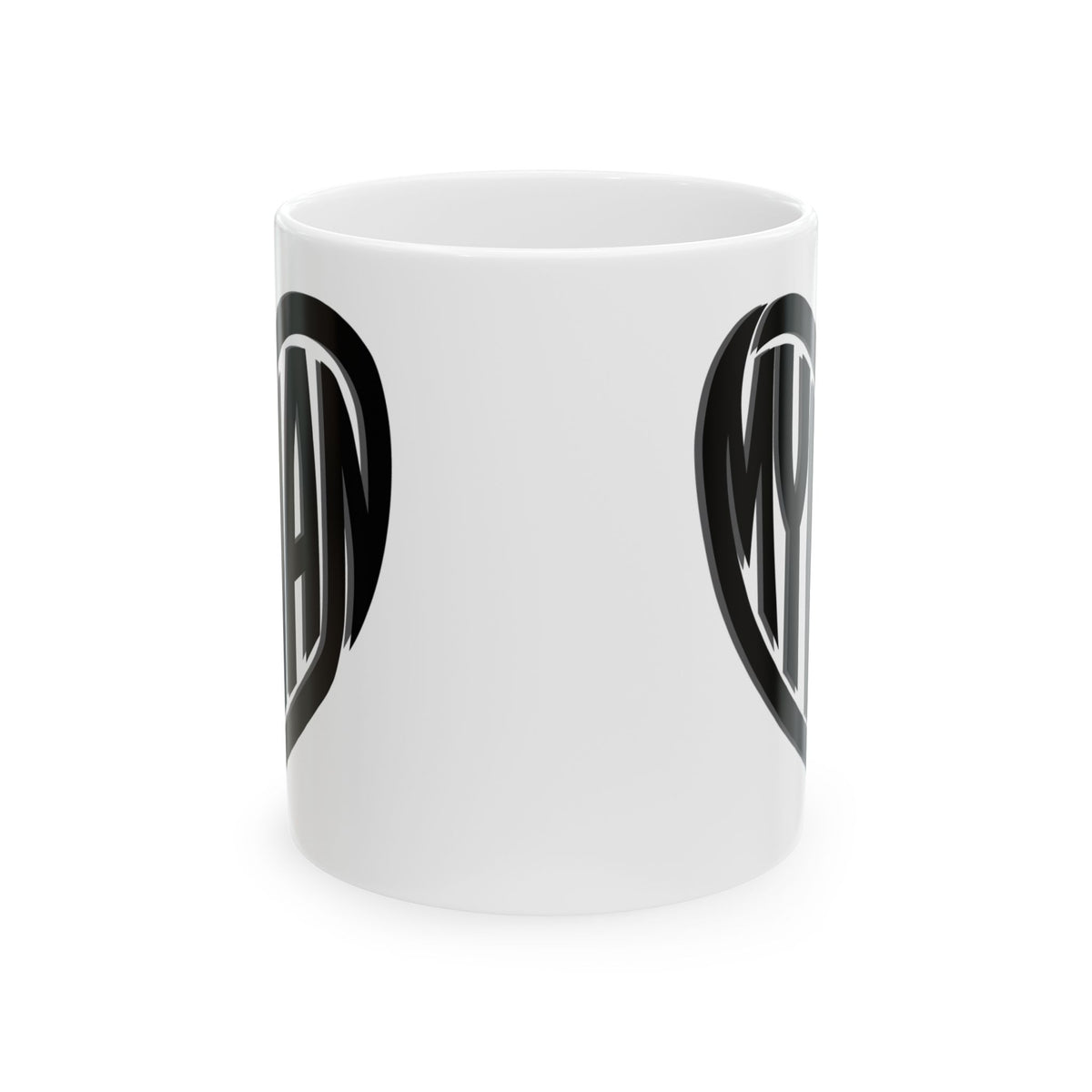 A white ceramic mug with a black stylized graphic print on the side, shown against a plain white background.