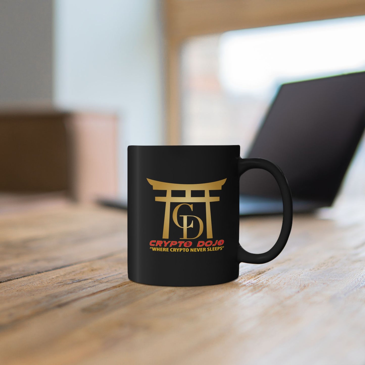 Black mug with full Crypto Dojo logo.
