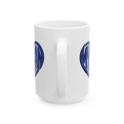 White mug with "My Man" text inside a heart.

