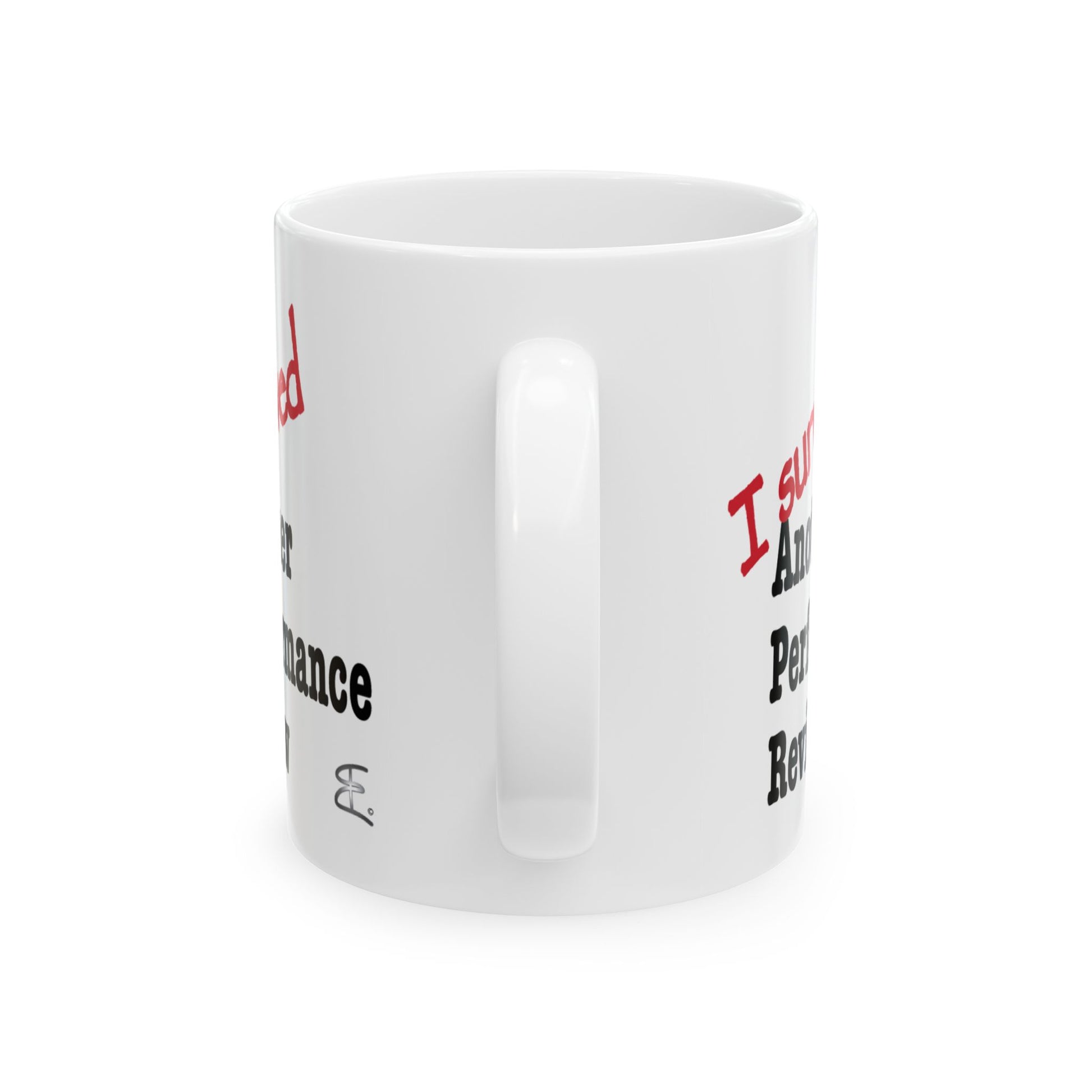 A white ceramic mug with a glossy finish, featuring partial printed text in red and black on the side, shown against a plain white background.
