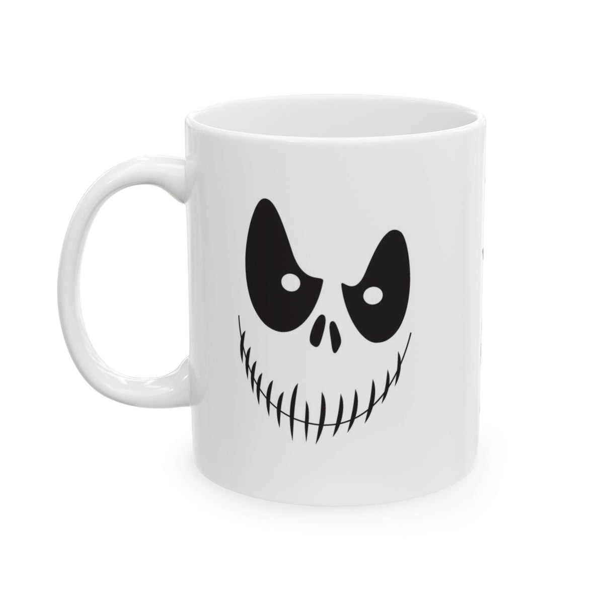 A white ceramic mug featuring a black graphic of a spooky cartoon face with large eyes and a stitched grin, shown on a plain white background.