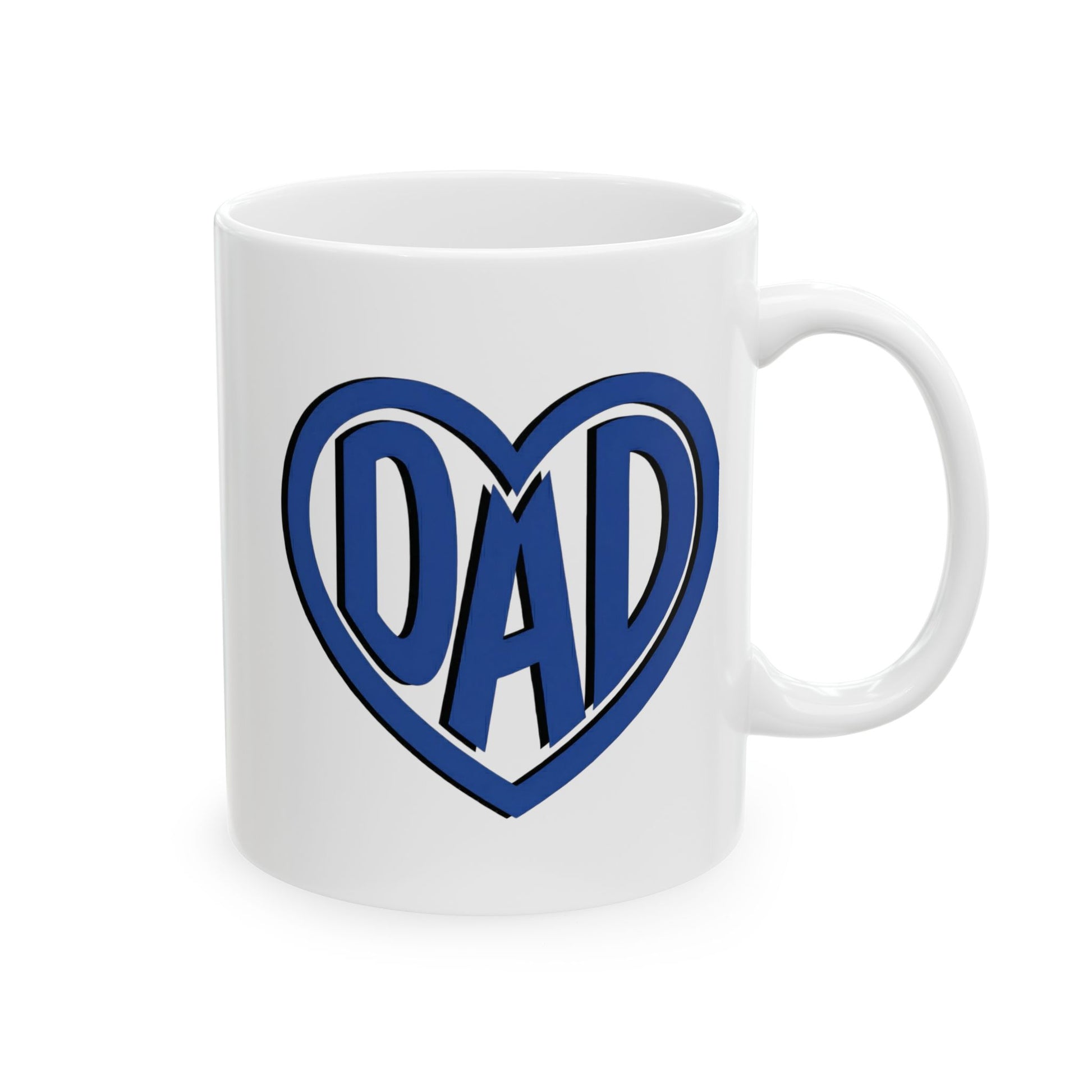 White mug with "Dad" text inside a heart.