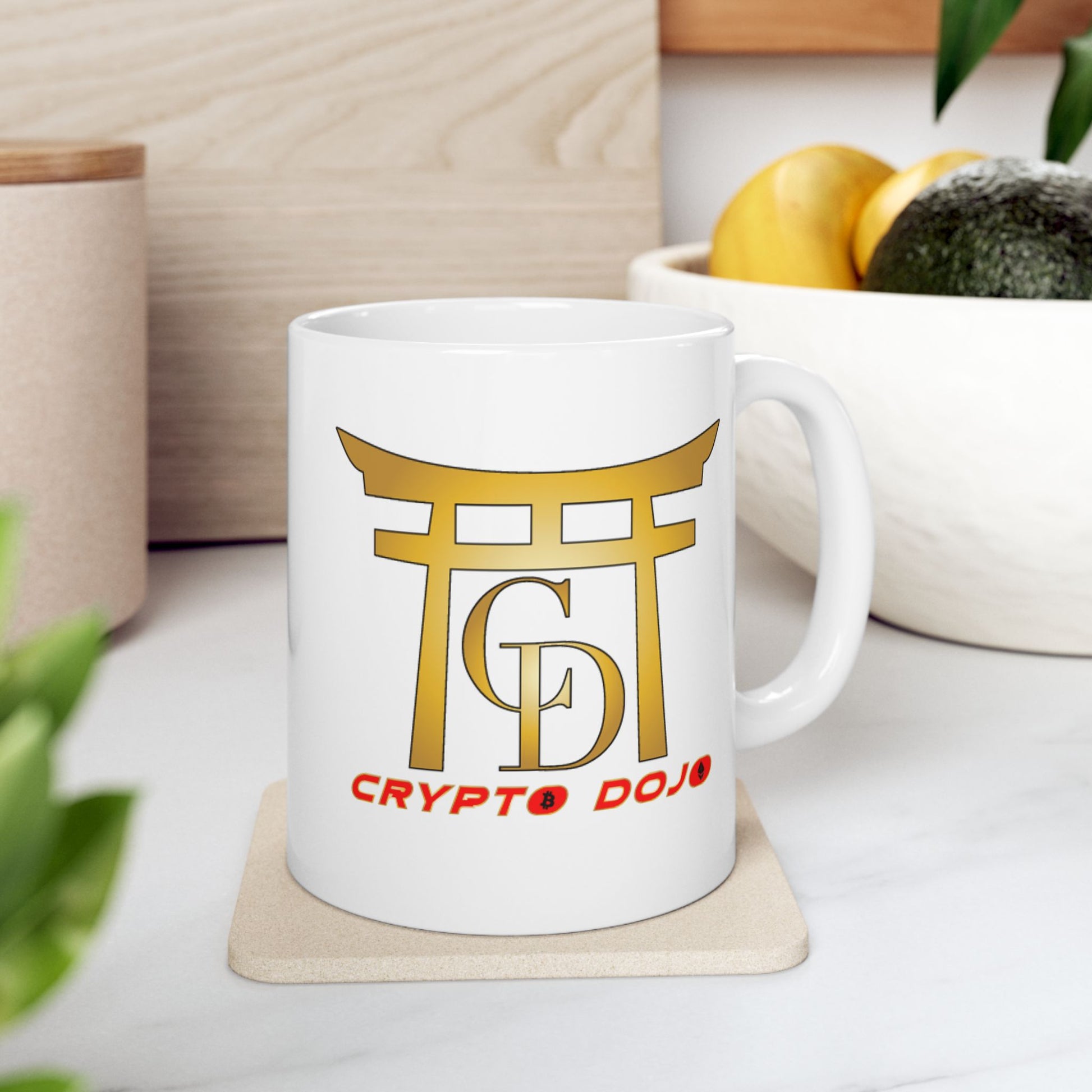 White mug with full Crypto Dojo logo.