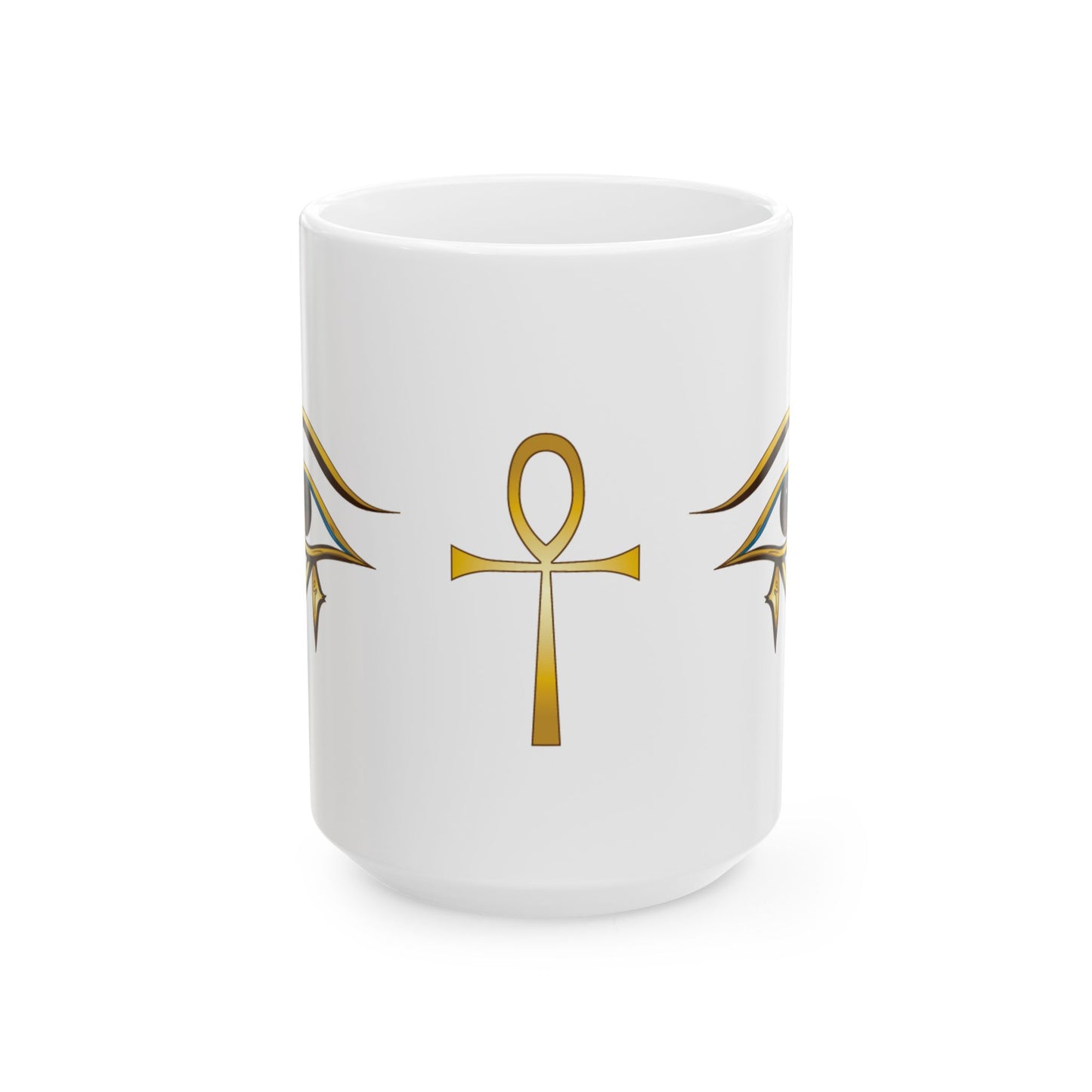 A white ceramic mug featuring a gold Egyptian ankh symbol printed on the front, flanked by matching gold wing-like motifs on either side, set against a plain white background.