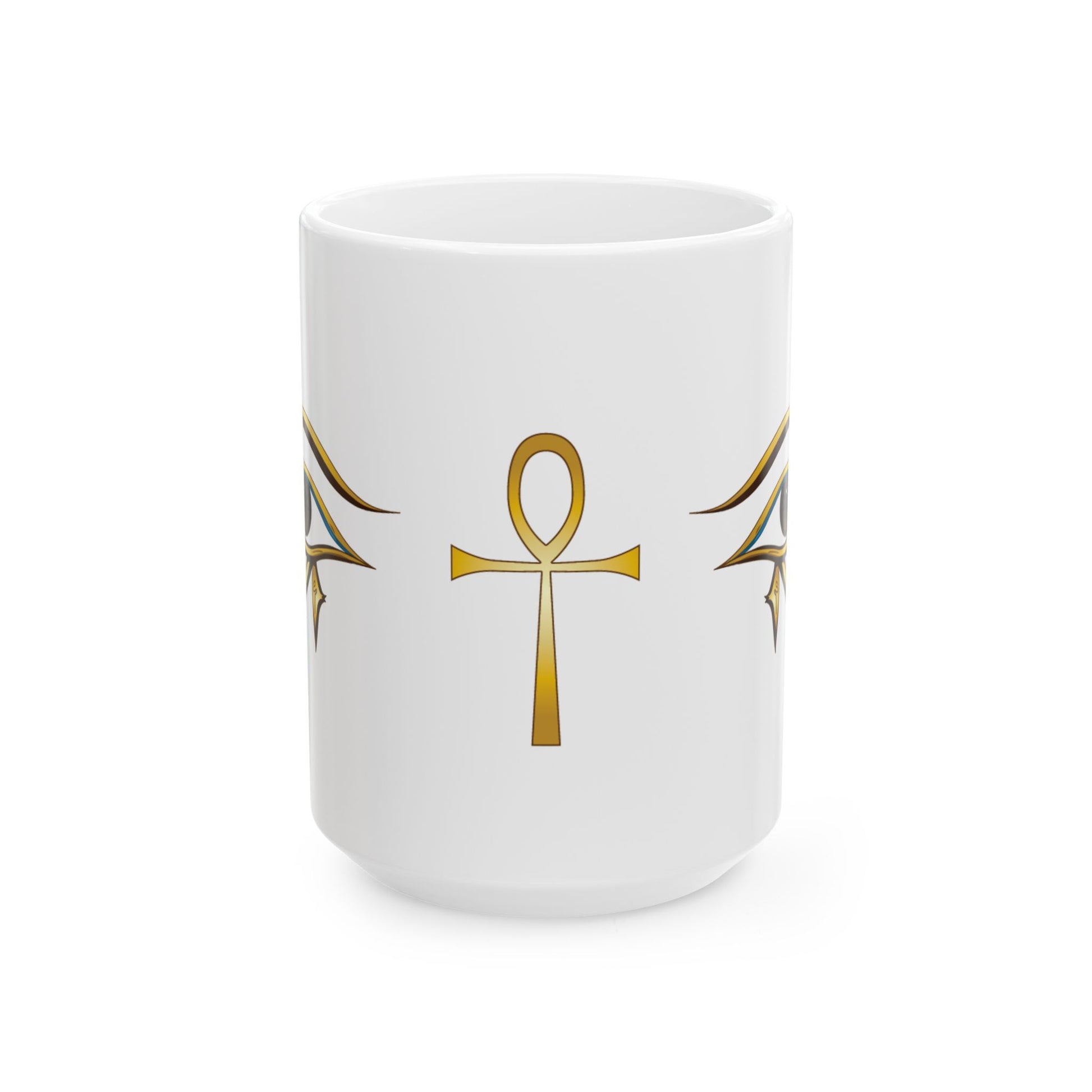 A white ceramic mug featuring a gold Egyptian ankh symbol printed on the front, flanked by matching gold wing-like motifs on either side, set against a plain white background.