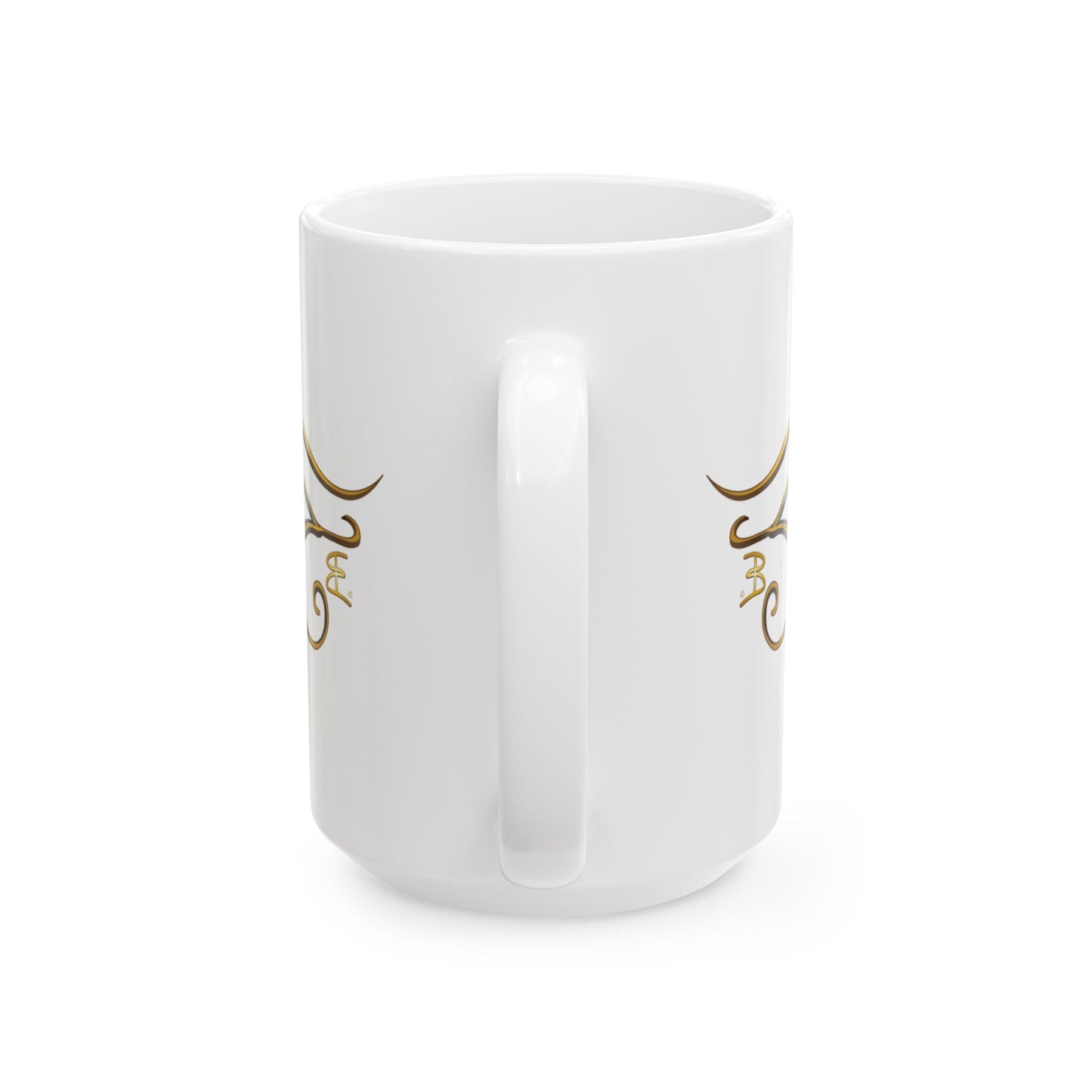 A white ceramic mug with a glossy finish, featuring a vertical handle and decorative gold calligraphic designs printed on the sides, shown against a plain white background.