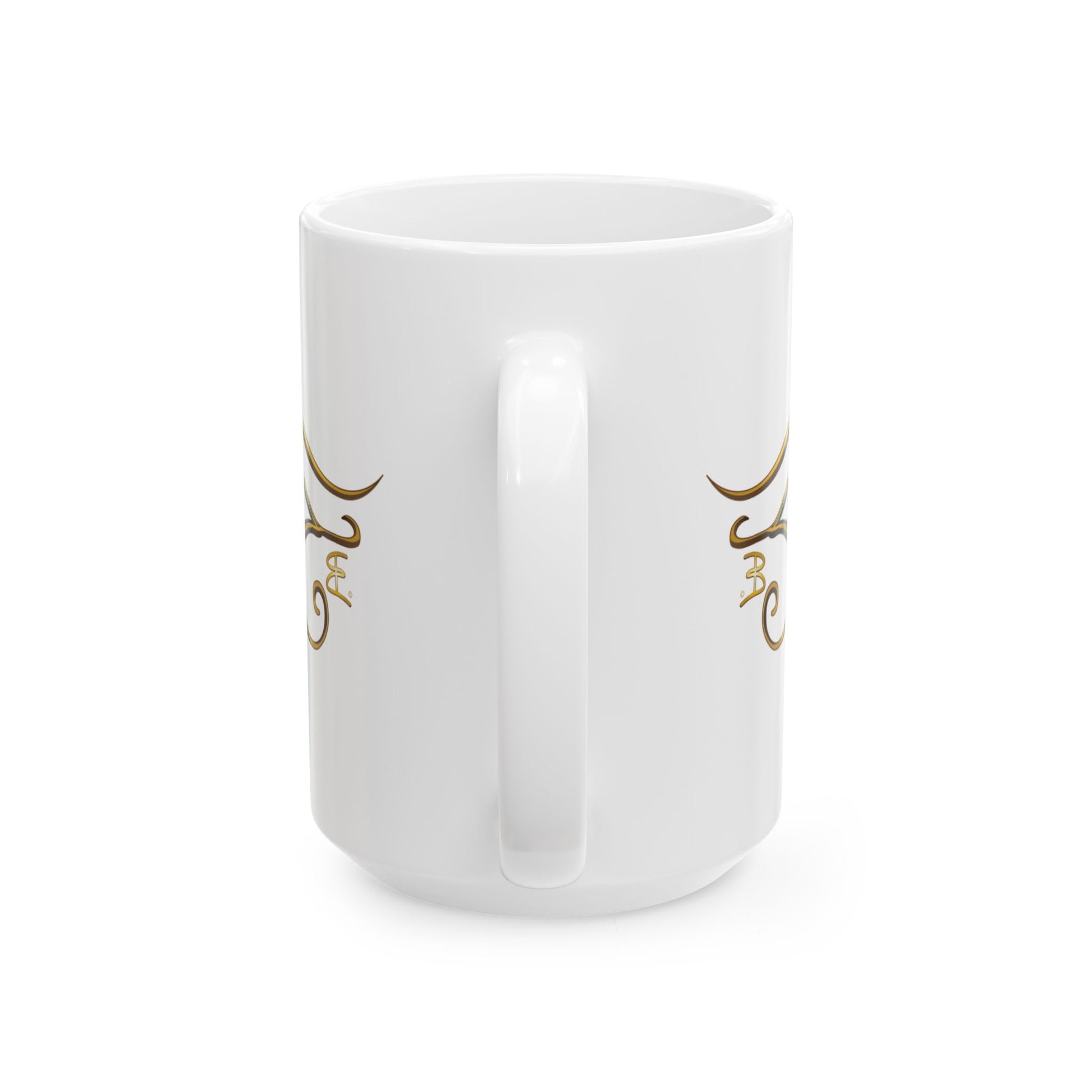 A white ceramic mug with a glossy finish, featuring a vertical handle and decorative gold calligraphic designs printed on the sides, shown against a plain white background.