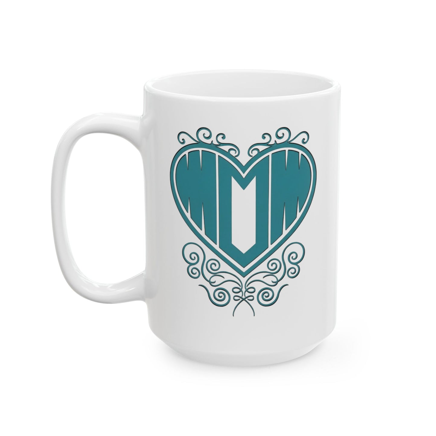 Front view of white ceramic mug featuring "Mom" printed in turquoise text inside a heart with filigree, on white background.