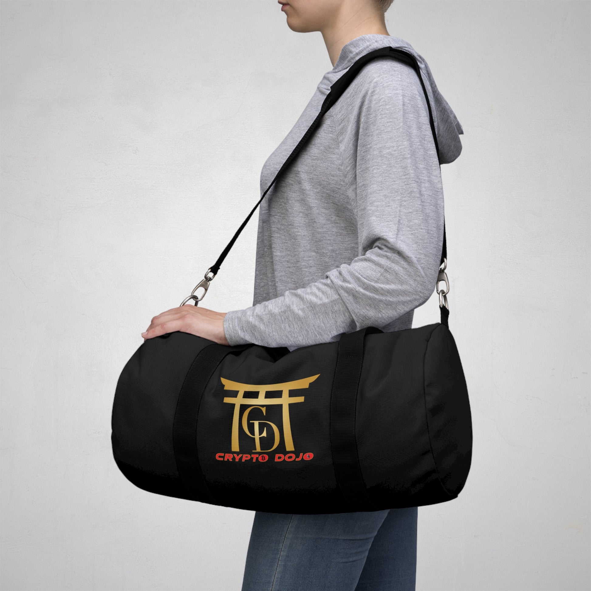 Black Crypto Dojo printed duffel bag.
