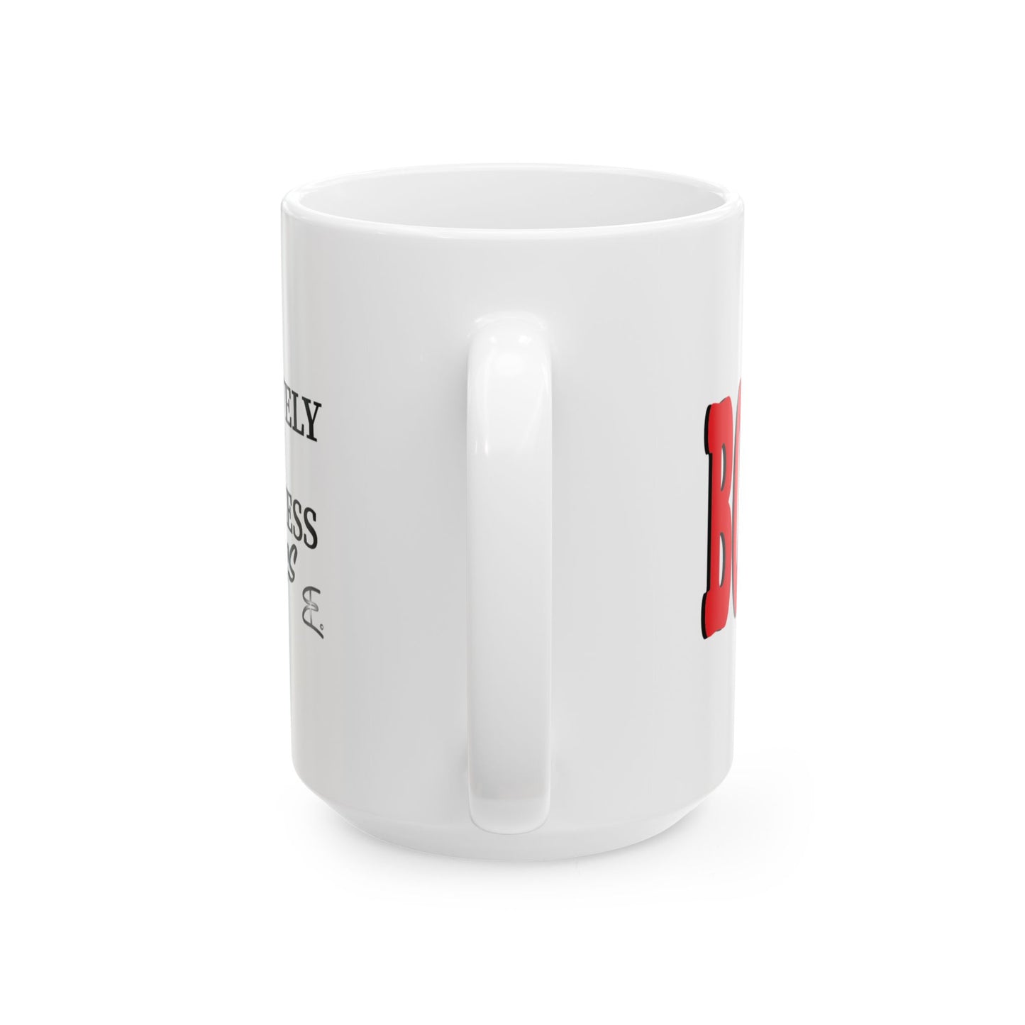 A white ceramic mug showing handle, partial visible on the sides, shown against a plain white background.