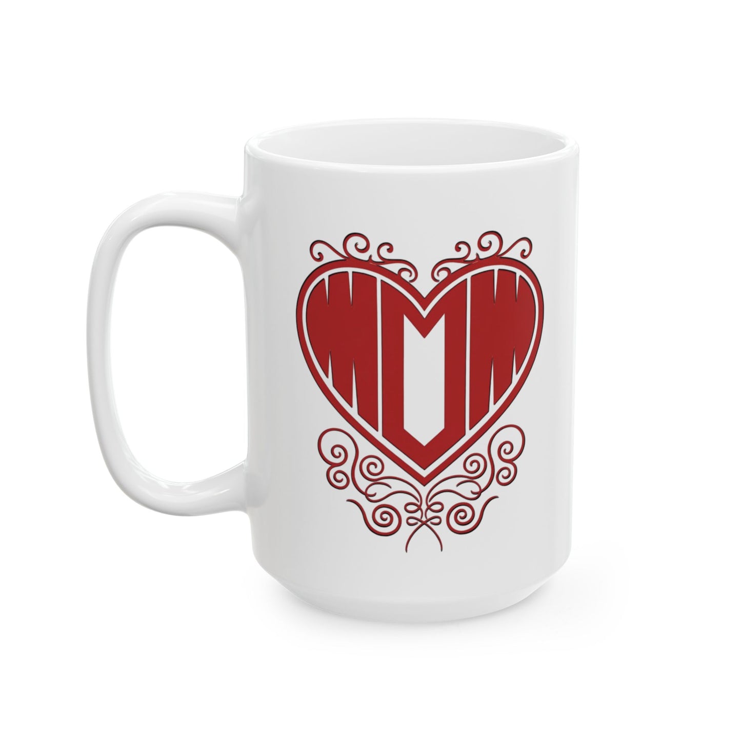 Front view of white ceramic mug featuring "Mom" printed in red text inside a heart with filigree, on white background.