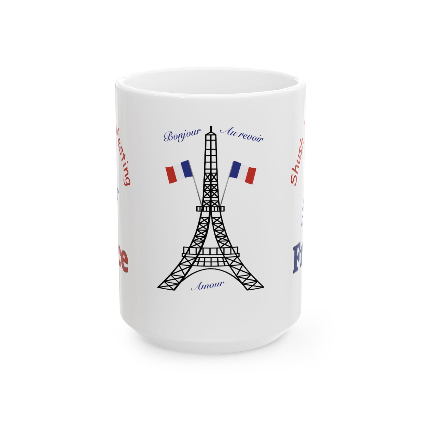 A white ceramic mug featuring a black line art illustration of the Eiffel Tower, two French flags, and blue and red text on a clean white background.
