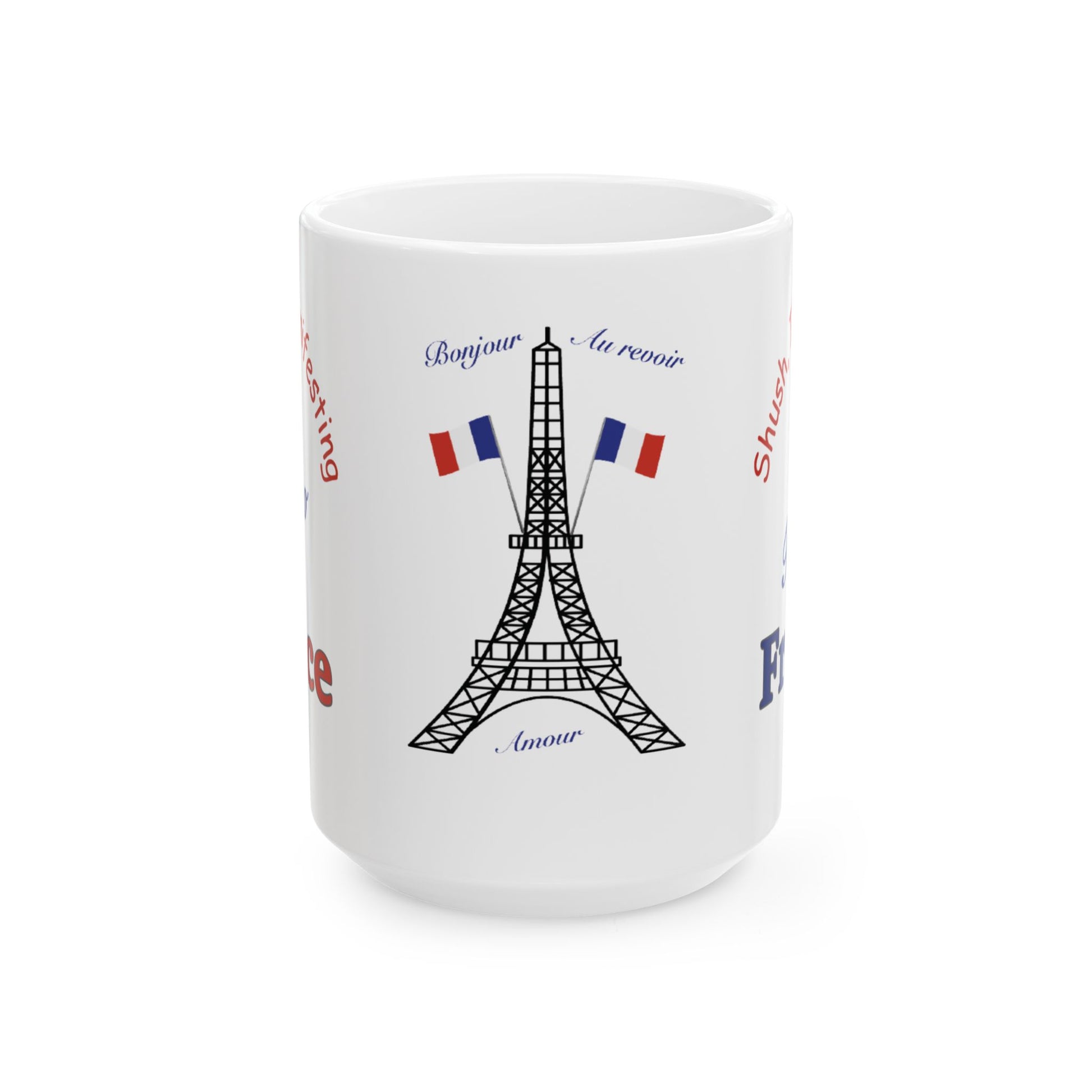 A white ceramic mug featuring a black line art illustration of the Eiffel Tower, two French flags, and blue and red text on a clean white background.