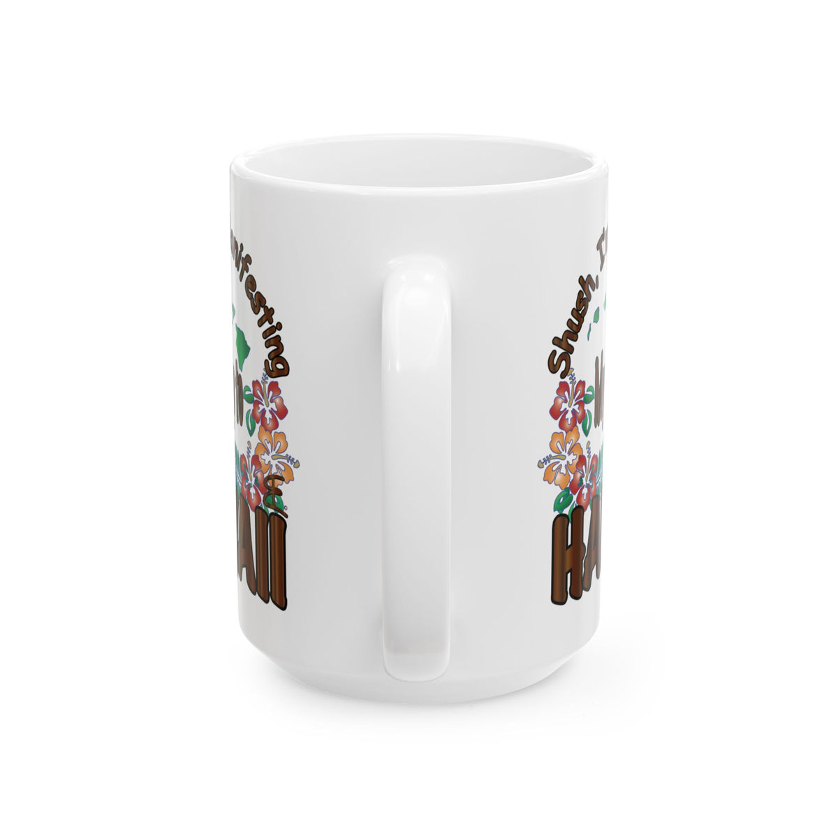 A white ceramic coffee mug with a colorful graphic design featuring brown text and floral illustrations, shown on a plain white background.