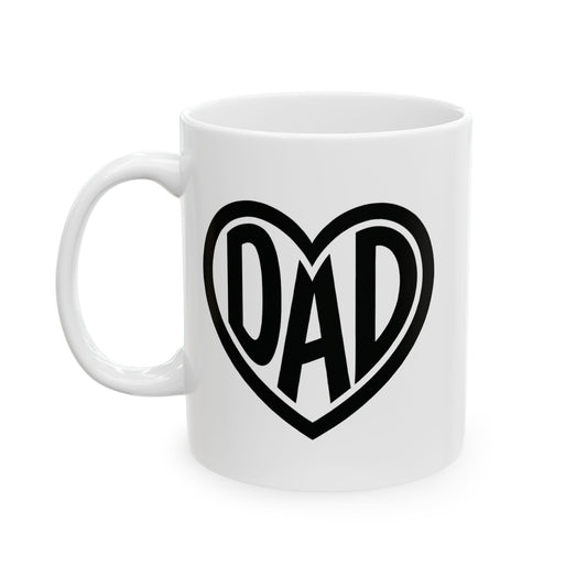 White mug with a black heart-shaped 'DAD' design on a white background