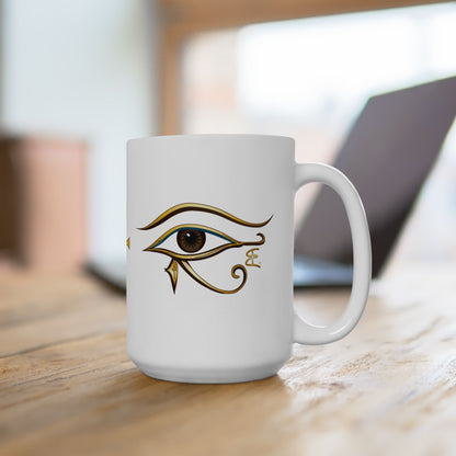 White mug with the eye of Horus on a wooden surface