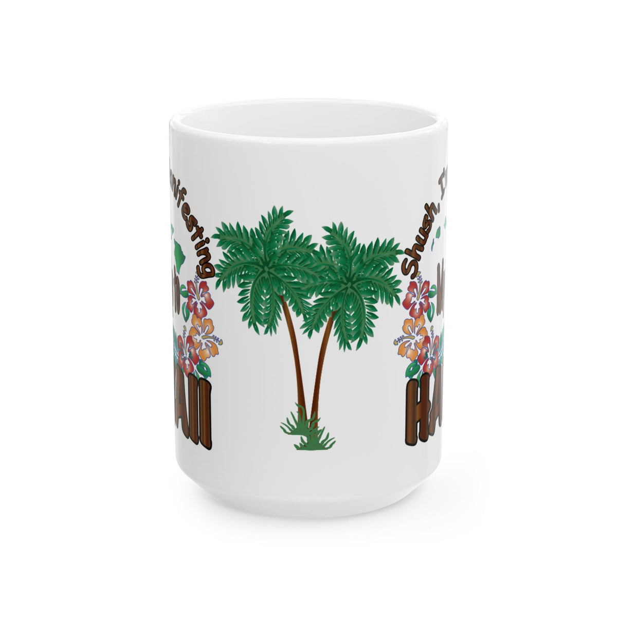 A white ceramic mug featuring a tropical Hawaiian design with two green palm trees, colorful hibiscus flowers, and brown text.
