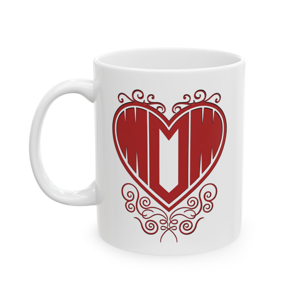White ceramic mug with "Mom" printed in red text inside a heart — front view handle on left on white background.