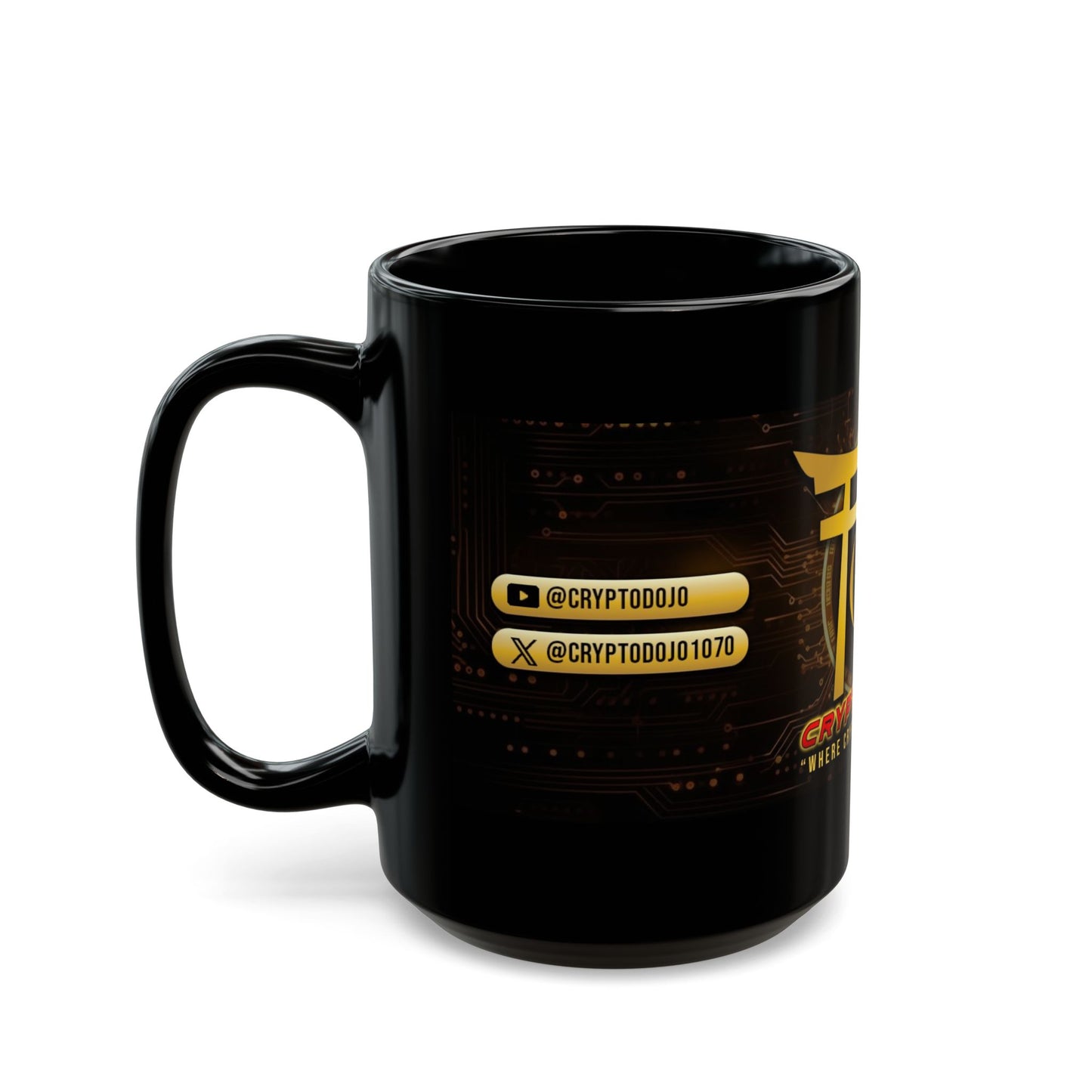 Black mug with Crypto Dojo banner logo.