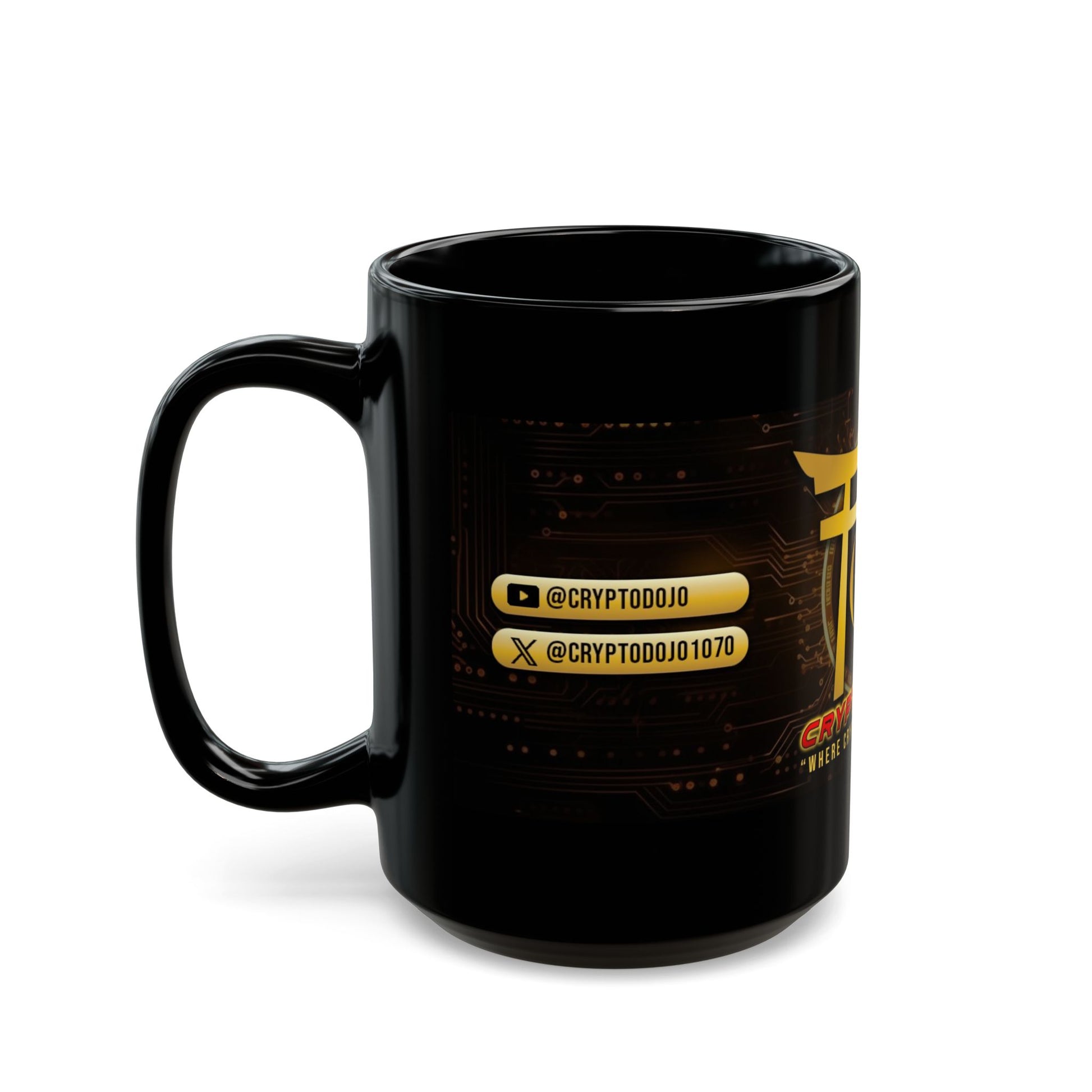 Black mug with Crypto Dojo banner logo.