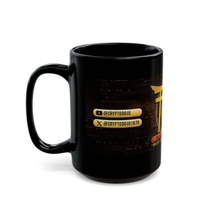 Black mug with Crypto Dojo banner logo.