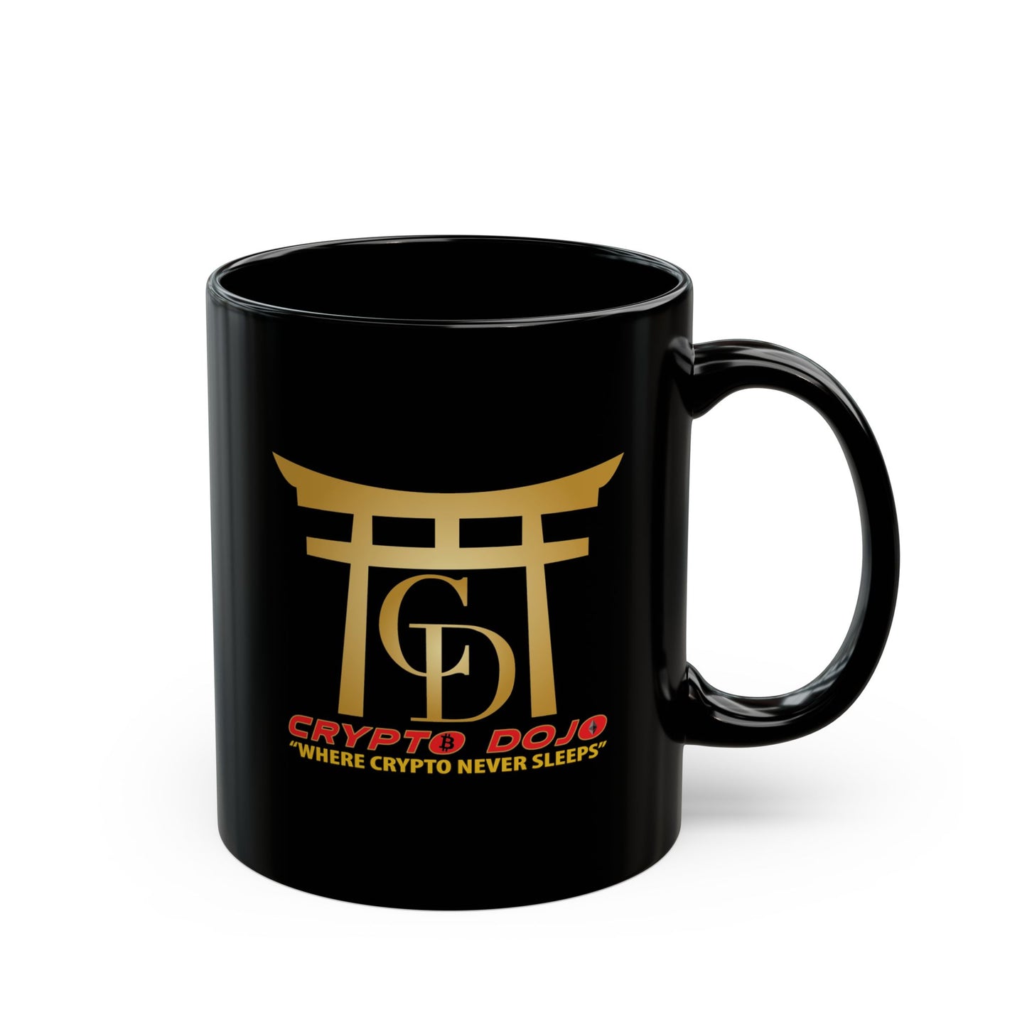 Black mug with full Crypto Dojo logo.