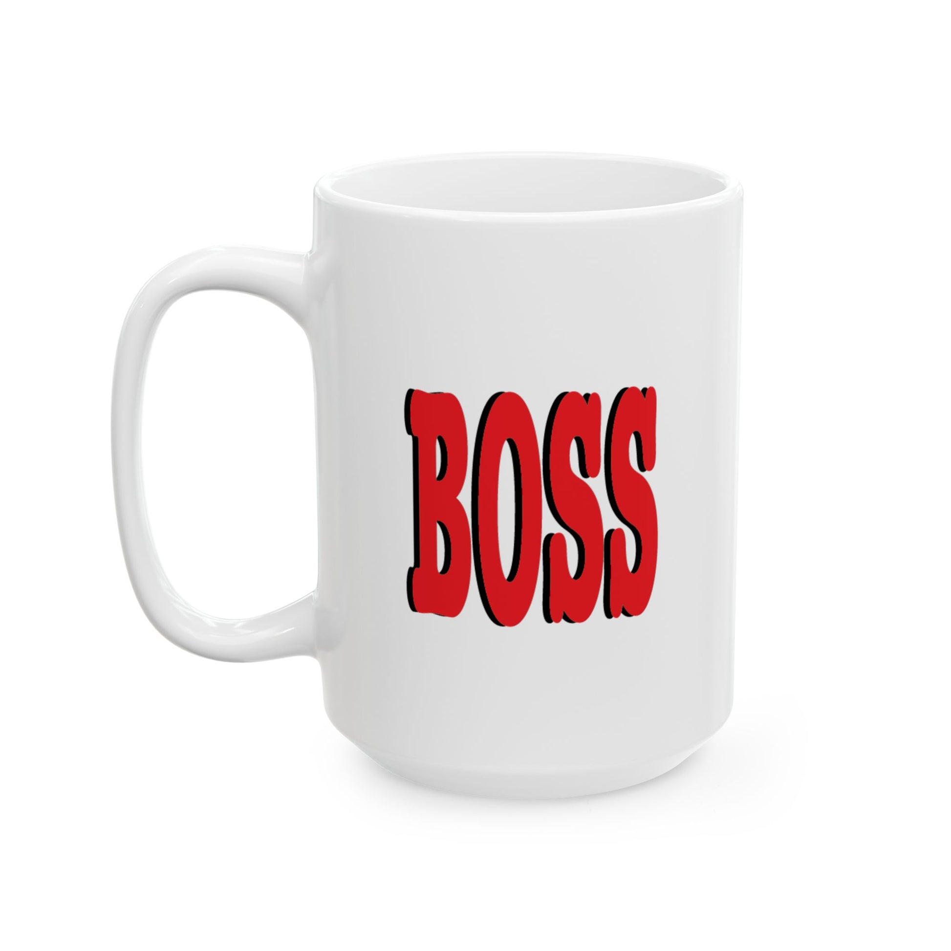 A white ceramic coffee mug, the word 'BOSS' printed in bold red letters, set against a plain white background.