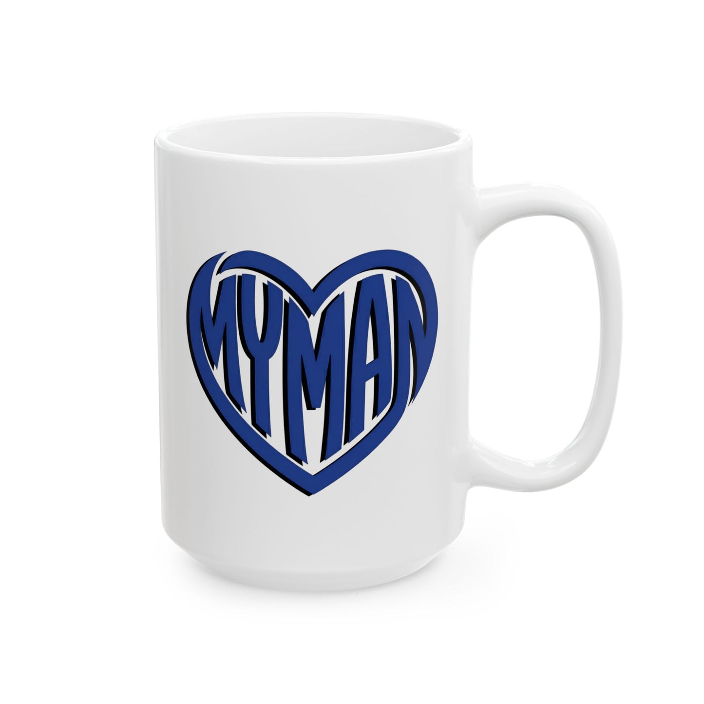 White mug with "My Man" text inside a heart.


