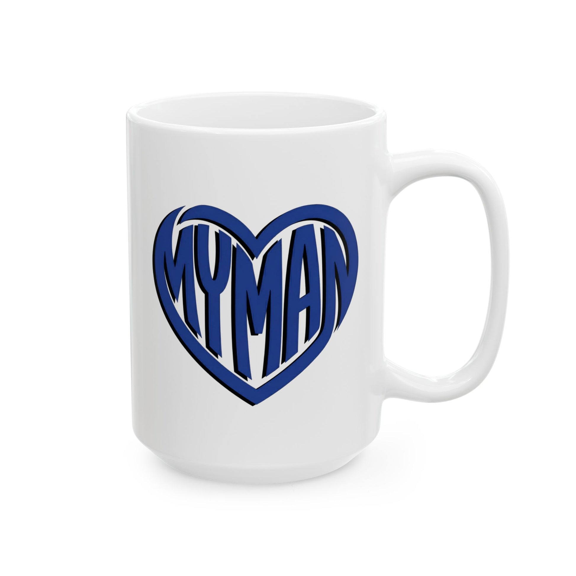 White mug with "My Man" text inside a heart.

