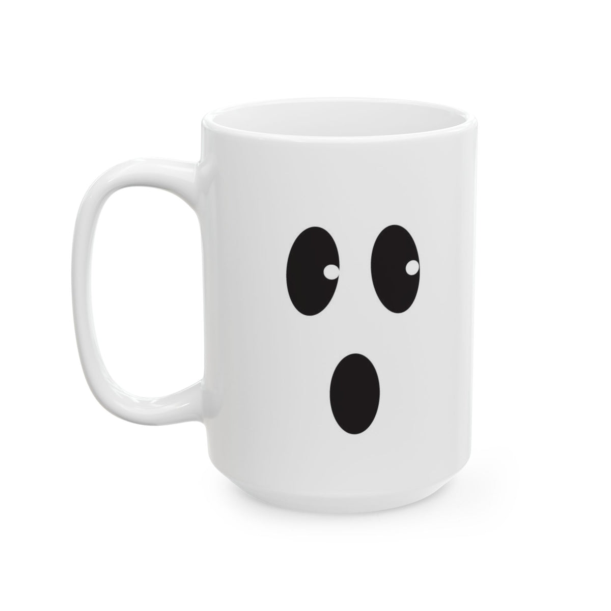 A white ceramic mug with a black cartoon face graphic on the front, photographed on a clean white background.