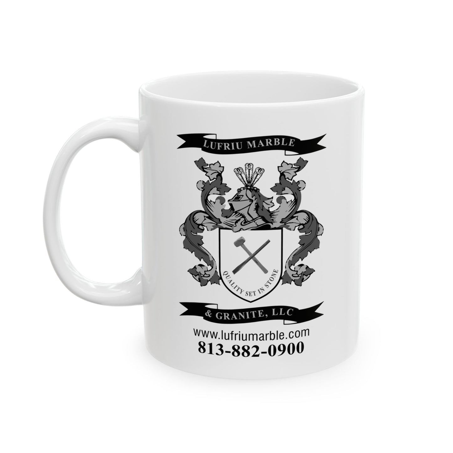 Lufriu marble and granite black and white logo coffee mug.