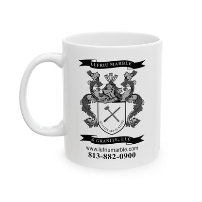 Lufriu marble and granite black and white logo coffee mug.