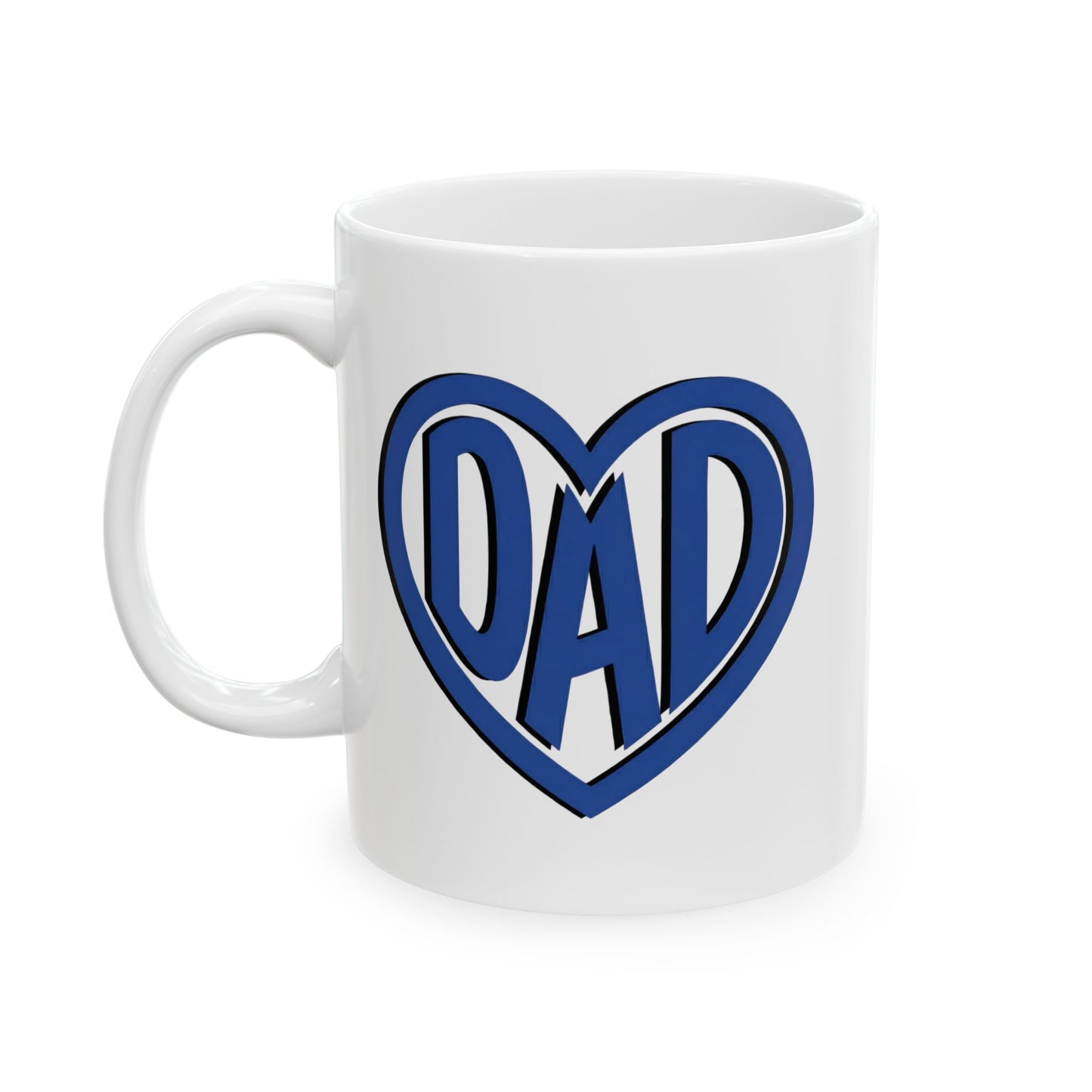 White mug with "Dad" text inside a heart.