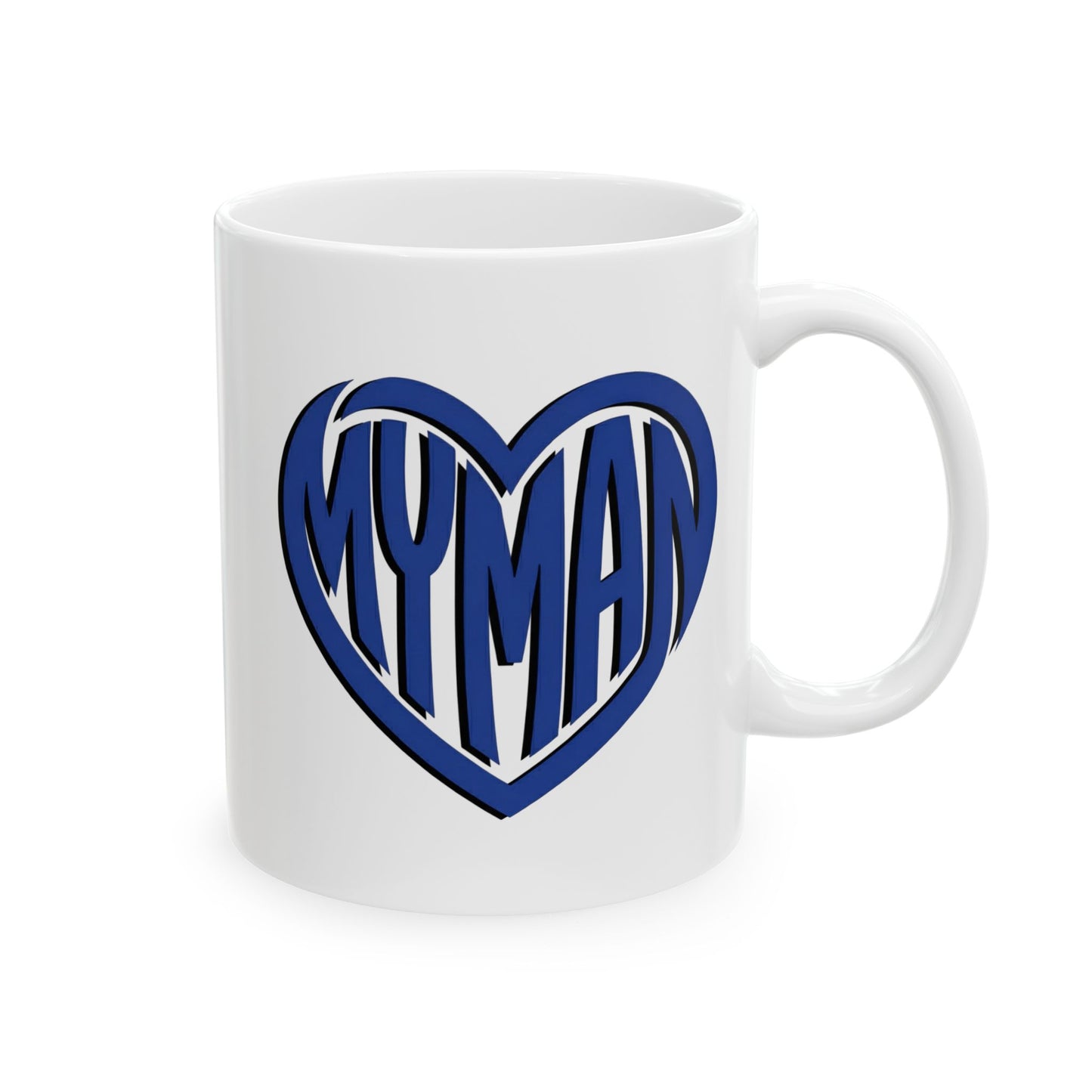 White mug with "My Man" text inside a heart.

