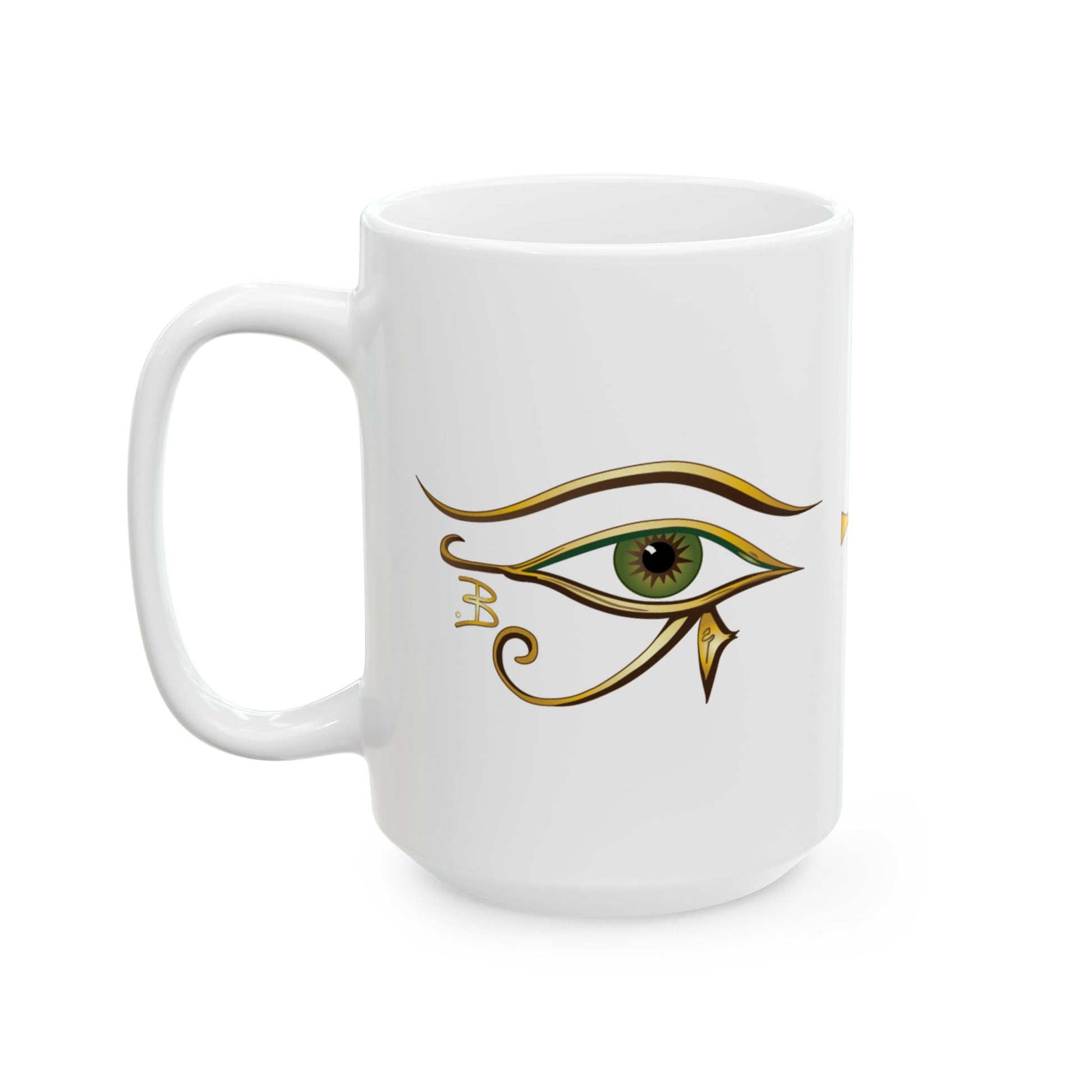 A white 15oz ceramic mug featuring a stylized Green Egyptian Eye of Horus graphic printed on the side, set against a plain white background.