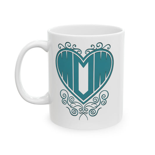 White ceramic mug with "Mom" printed in teal text inside a heart — front view handle on left on white background.